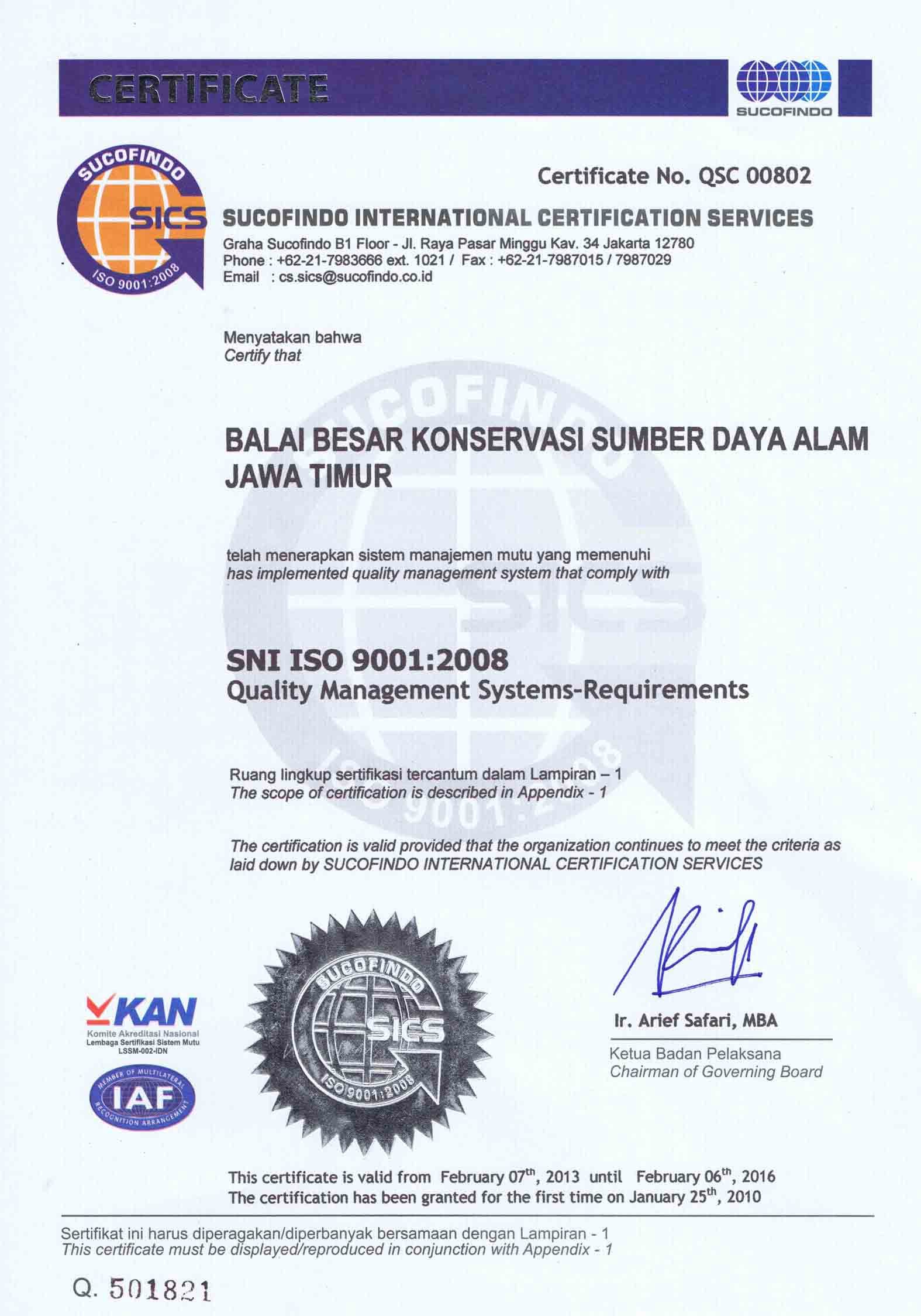 IMPLEMENTASI SMM ISO 9001: 2008 DALAM PELAYANAN PERIJINAN DAN PEMBERIAN REKOMENDASI PEMANFAATAN TSL DAN TAMAN WISATA ALAM DI BBKSDA JAWA TIMUR - Thumbnail 1